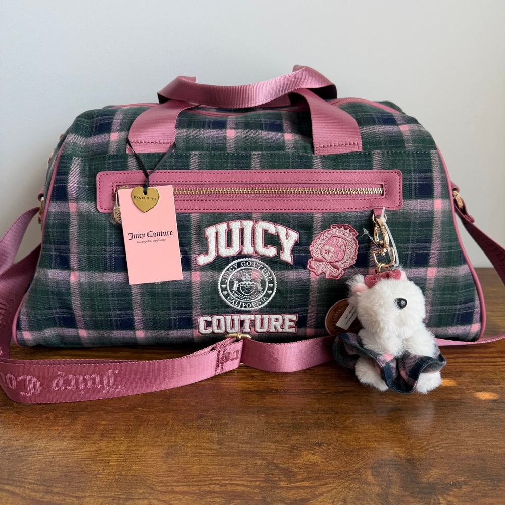 New Juicy Couture Varsity Plaid Duffel Weekender Bag Crossbody Travel Pink Green